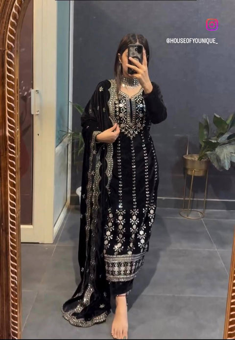New VelvetFully Stitched Ready To WearTop -Pent  Dupatta Set