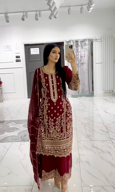 New PRESENTING 3 PIECE STYLISH KURTI, PLAZZO AND DUPATTA WITH BEAUTIFUL EMBROIDERY SEQUENCE WORK