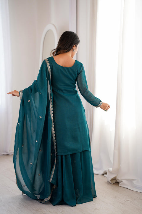 New Premium PURE SOFT CRUNCHY SILK FABRIC TOP,SHARARA WITH DUPATTA SET