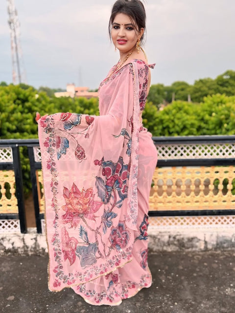 New Premium Georgette Embellished With Beautiful Print , Beautiful Handwork Sequins Work , Beautiful Hand Mirror Work With Beautiful Lace saree