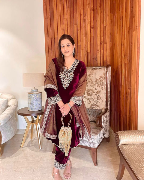 New Designer Party Wear Look Heavy Pure Viscose Velvet Top Bottom & Dupatta Set