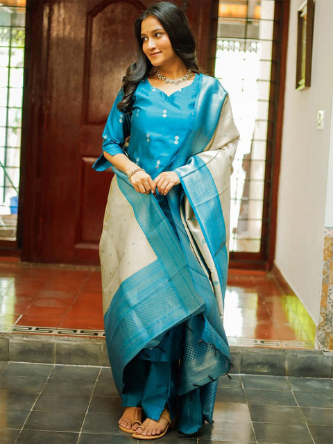 New Premium Sky Blue Rasmalai Women’s Kurta Pent Dupatta Set