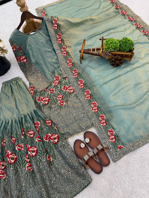 New Pure Fendy Silk With Heavy Embroidery Sequence Work Top-Bottom And Dupatta Set