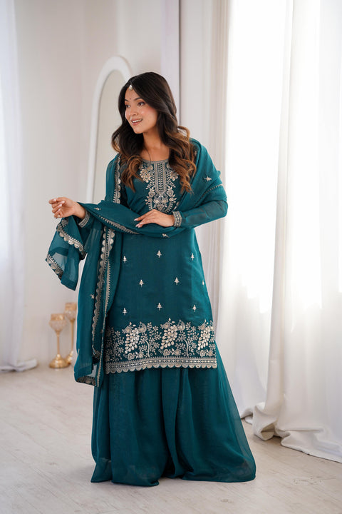 New Premium PURE SOFT CRUNCHY SILK FABRIC TOP,SHARARA WITH DUPATTA SET