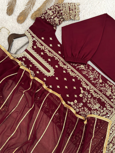 New PRESENTING 3 PIECE STYLISH KURTI, PLAZZO AND DUPATTA WITH BEAUTIFUL EMBROIDERY SEQUENCE WORK