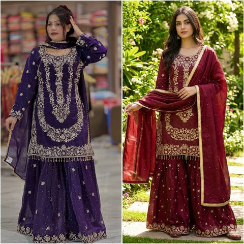 New Designer Collection In GMY SILK With Heavy Embroidery Sequence Work Top-Bottom And Dupatta Set