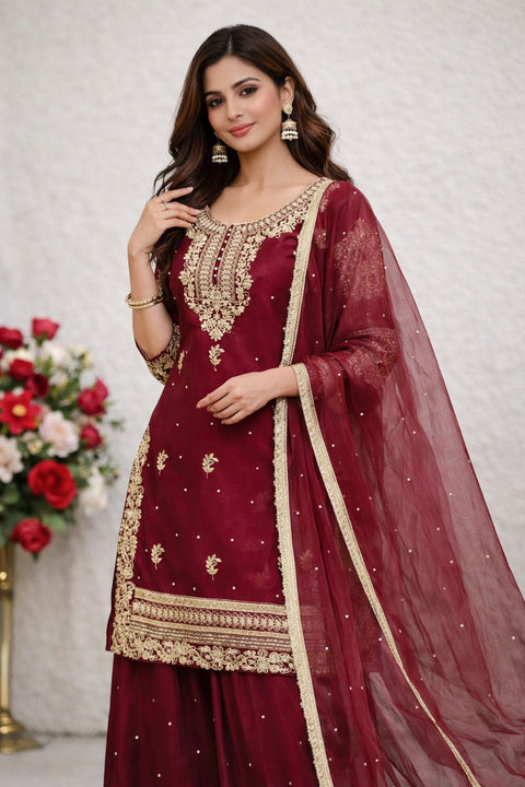 New Designer Party Wear Look Pur Gmy Silk Top Plazzo & Dupatta Set