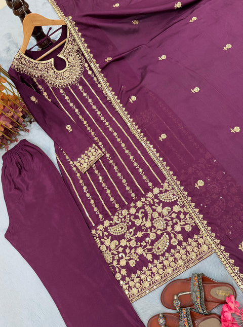 New Designer Party Wear Look Pur Chinon Silk Top Bottom & Dupatta Set