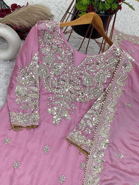 New Pure Heavy Chinnon Silk With  Heavy Embroidery moti Sequence Work With Full Embroidery Sleeve