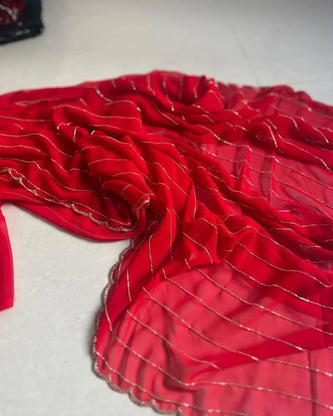 New pure red georgette saree Three Layer Cutdana Border And Double Layer Arco hand work Border Having All Over Saree