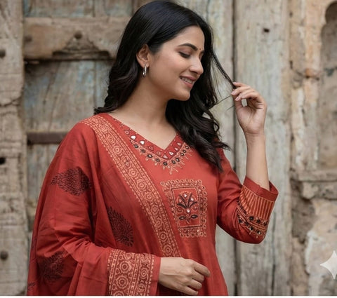 New Pure Cotton discharge print kurti with pant and mulmul printed dupatta