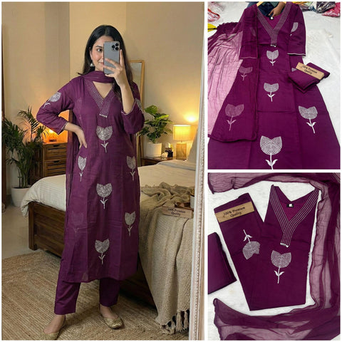 New beautiful ROMAN SILK FABRIC with Embroidery work in neck and front with inner dress