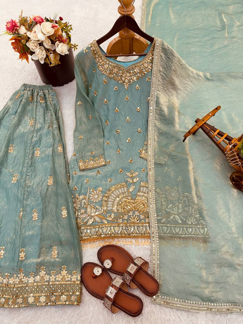 New Pure Fendy Silk With Heavy Embroidery Sequence Work Top-Bottom And Dupatta Set
