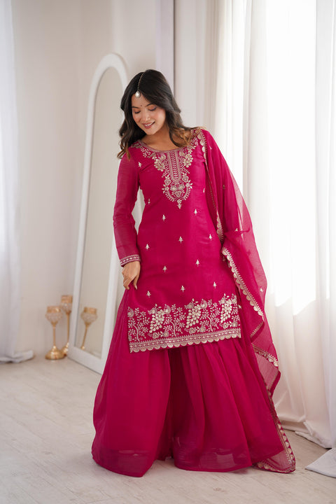 New Premium PURE SOFT CRUNCHY SILK FABRIC TOP,SHARARA WITH DUPATTA SET