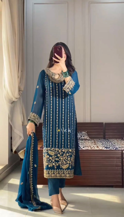 New Designer Party Wear Look Pur Chinon Silk Top Bottom & Dupatta Set
