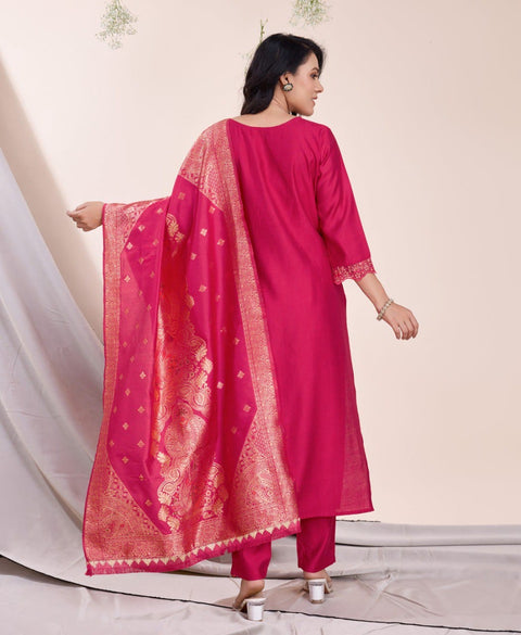 New Pink Viscose Silk Floral Embroidered Kurta Set
