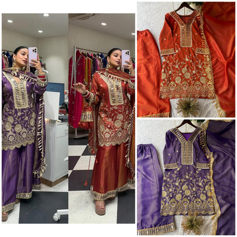 New WEDDING SEASON OUR DESIGNER WEAR KURTI PLAZZO PAIR WITH REAL MIRROR EMBROIDERY WORK