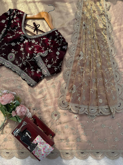 New Premium beautiful Designer Peplum & Bell Bottom Set On Reyon Febric With Thred & Real mirror work Dress
