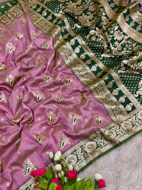New golden designs and soft tassels Elegant Banarasi Saree