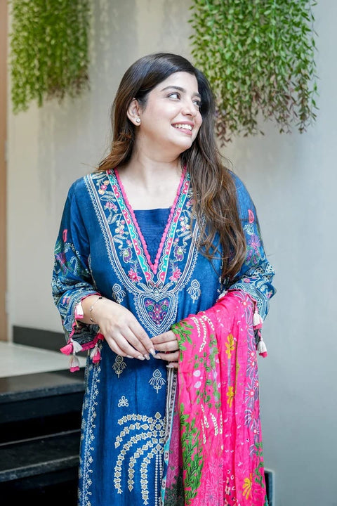 NEW COLLECTION SUIT SET Premium Muslin Kurti Pant Dupatta Set