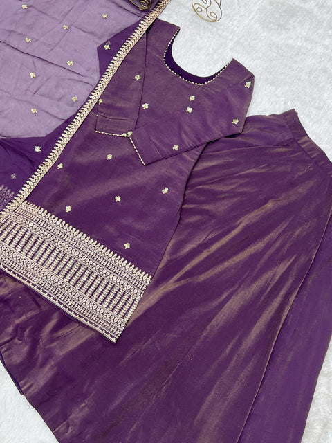 NEW HIGH PREMIUM QUALITY PURE ROMANSHIMMER CHANDERI SILK FABRIC KURTA WITH FULLY FLARE LAHENGA WITH DUPPTA SET