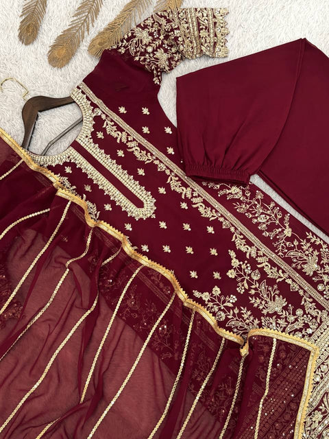 New PRESENTING 3 PIECE STYLISH KURTI, PLAZZO AND DUPATTA WITH BEAUTIFUL EMBROIDERY SEQUENCE WORK