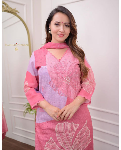 NEW SHIFLI  LUNCHING HEVAY SHIFLI FABRIC DIGITAL PRINTING HAND WORK FULL NECK LACE LINEN Suit Set