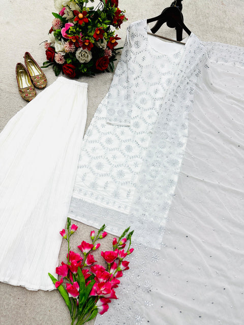 New Premium Fox Georgette With Emrodery  Siqwans Work With Full-Sleeves Sarara
