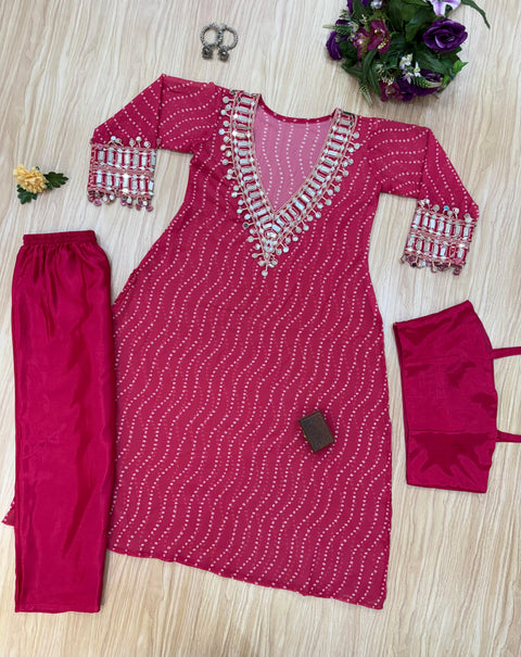 NEW SUPERHIT TRENDING KURTI, PENT & BLOUSE ON CHINON FABRIC WITH DIGITAL PRINT AND REAL MIRROR HAND WORK