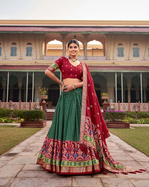 New Tussar silk and the mesmerizing allure of ikkat Patola prints with this exquisite lehenga choli