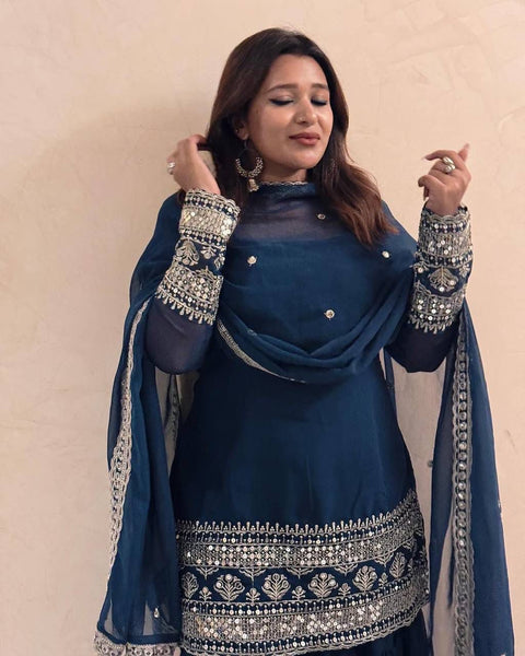 New Exclusively  Festive & Party Wear Heavy Fox Georgette With With Embroidery Sequence Work Top -Palazzo And Dupatta Set