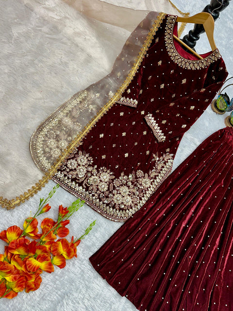 NEW DESIGNER PARTY WEAR TOP AND PANT PLAZO  WITH FANCY DUPPATA AND EMBROIDERY WORK