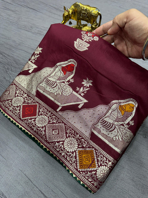 New Pure Dola silk with Zari weaving Saree with zarkan Pallu  border &  samosa lace border