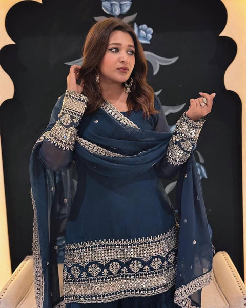 New Exclusively  Festive & Party Wear Heavy Fox Georgette With With Embroidery Sequence Work Top -Palazzo And Dupatta Set