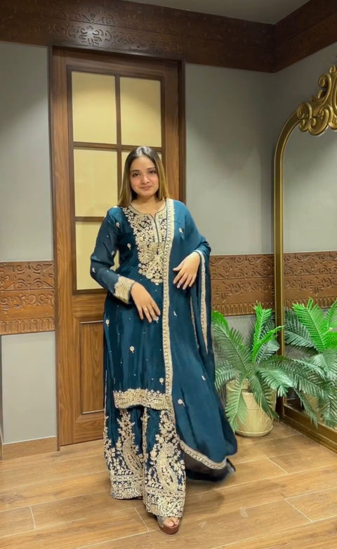 NEW Launching Designer Party WearHeavy Chinon Silk Plazo with Dupatta