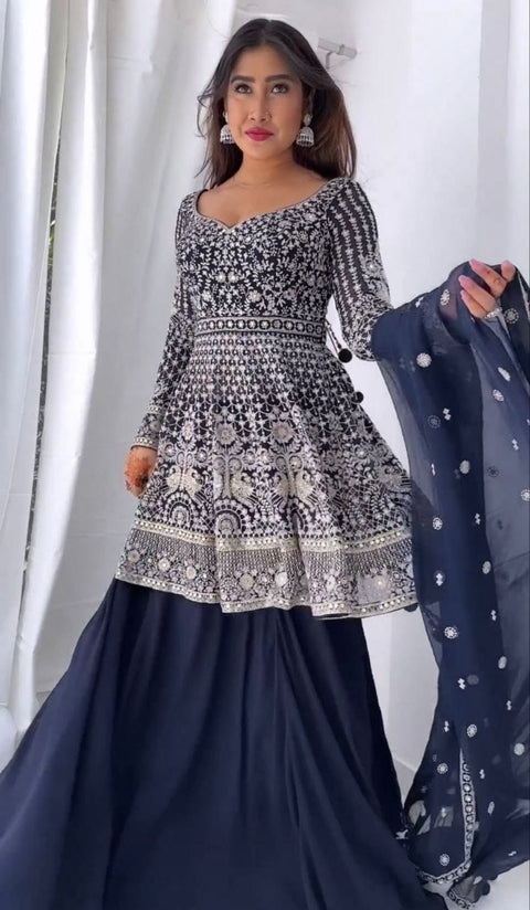 New premium FOX GEORGETTEEMBROIDERY SIQUNCE AND MIRROR LEHANGA