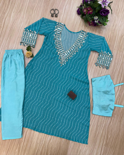NEW SUPERHIT TRENDING KURTI, PENT & BLOUSE ON CHINON FABRIC WITH DIGITAL PRINT AND REAL MIRROR HAND WORK