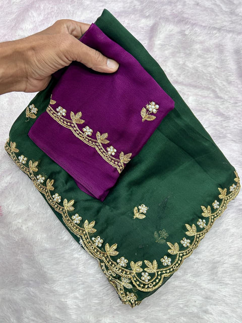 New Arrivals BestBeautiful Zari Embroidery Work With All Over Handwork With Cut Work Border Saree