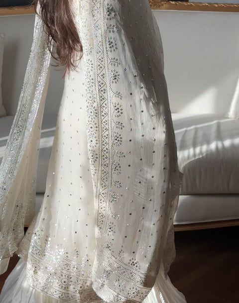 New Premium Fox Georgette With Emrodery  Siqwans Work With Full-Sleeves Sarara