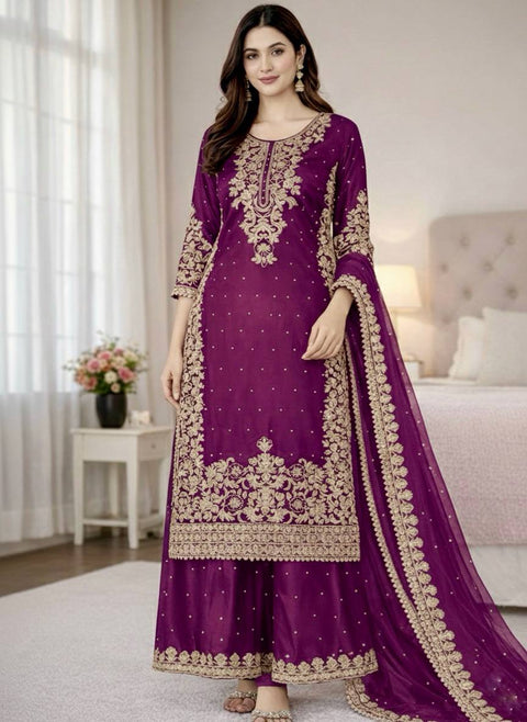 New Designer Collection In GMY SILK With Heavy Embroidery Coding Sequence Work Top-Bottom And Dupatta Set