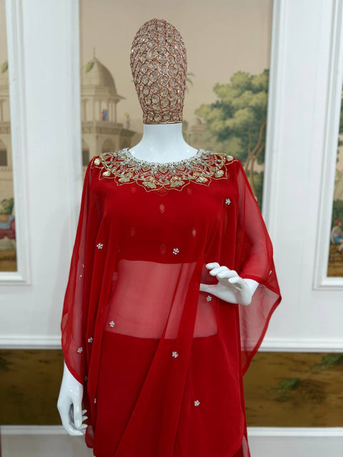 New EXCLUSIVE 2 STYLES HAND WORKED, DRAPE SAREE ON FAUX GEORGETTE FABRIC WITH STITCHED BLOUSE