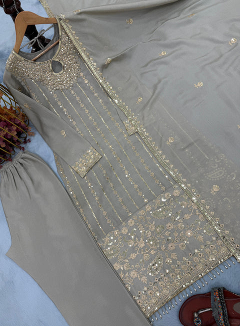 New Designer Party Wear Look Pur Chinon Silk Top Bottom & Dupatta Set