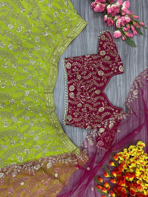 New Premium Georgette Embellished With Beautiful Shimmer Dori  Work , Heavy Sequins Work Lehenga