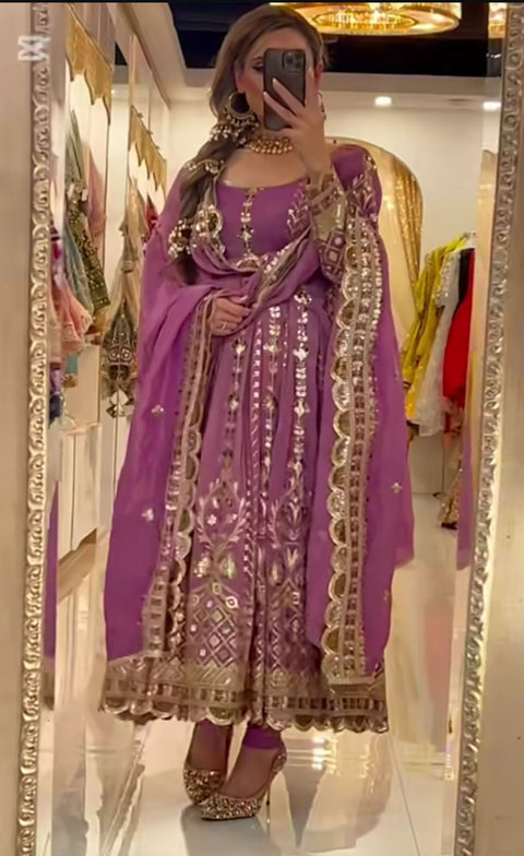 New Fancy Style Heavy Chinnon Silk Designer Anarkali Suit