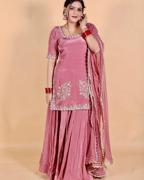New DESIGNER HEAVY NATURAL CREAP EMBROIDERED SEQUENCE WORK WITH FANCY TOP SHARARA DUPATTA SET