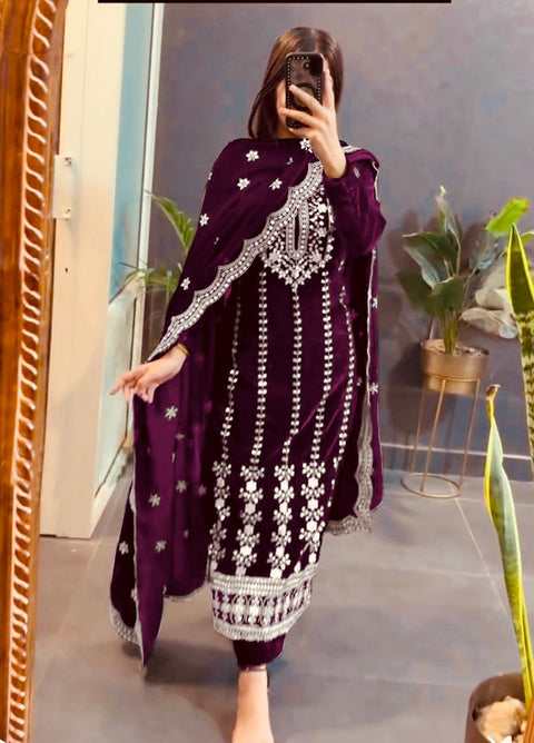 New VelvetFully Stitched Ready To WearTop -Pent  Dupatta Set