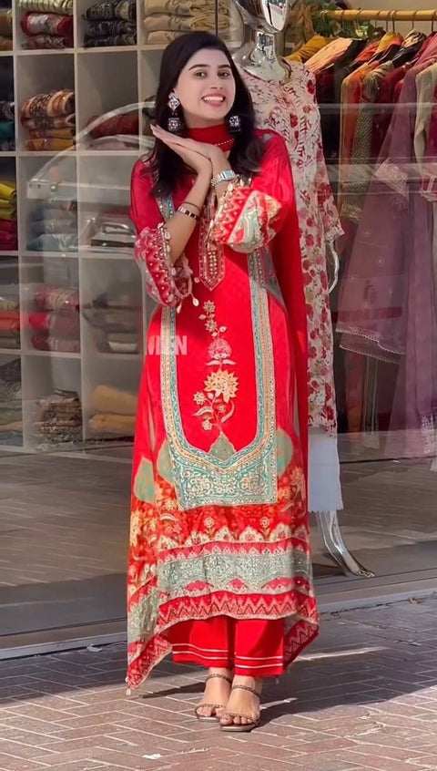NEW DESIGNER HEAVY FUAX GEORGETTE DIGITAL PRINT HAND WORK FANCY SALWAR SUIT