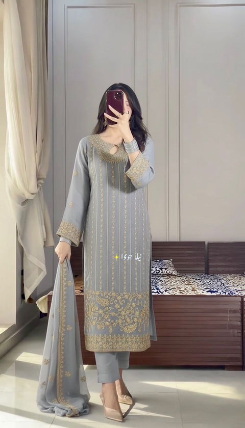 New Designer Party Wear Look Pur Chinon Silk Top Bottom & Dupatta Set