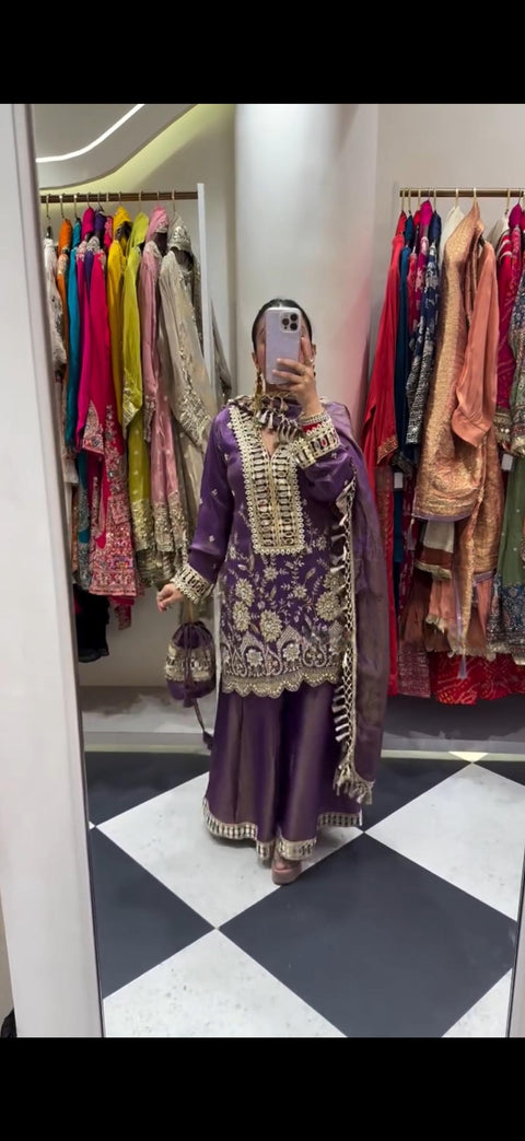 New WEDDING SEASON OUR DESIGNER WEAR KURTI PLAZZO PAIR WITH REAL MIRROR EMBROIDERY WORK
