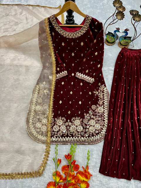 NEW DESIGNER PARTY WEAR TOP AND PANT PLAZO  WITH FANCY DUPPATA AND EMBROIDERY WORK